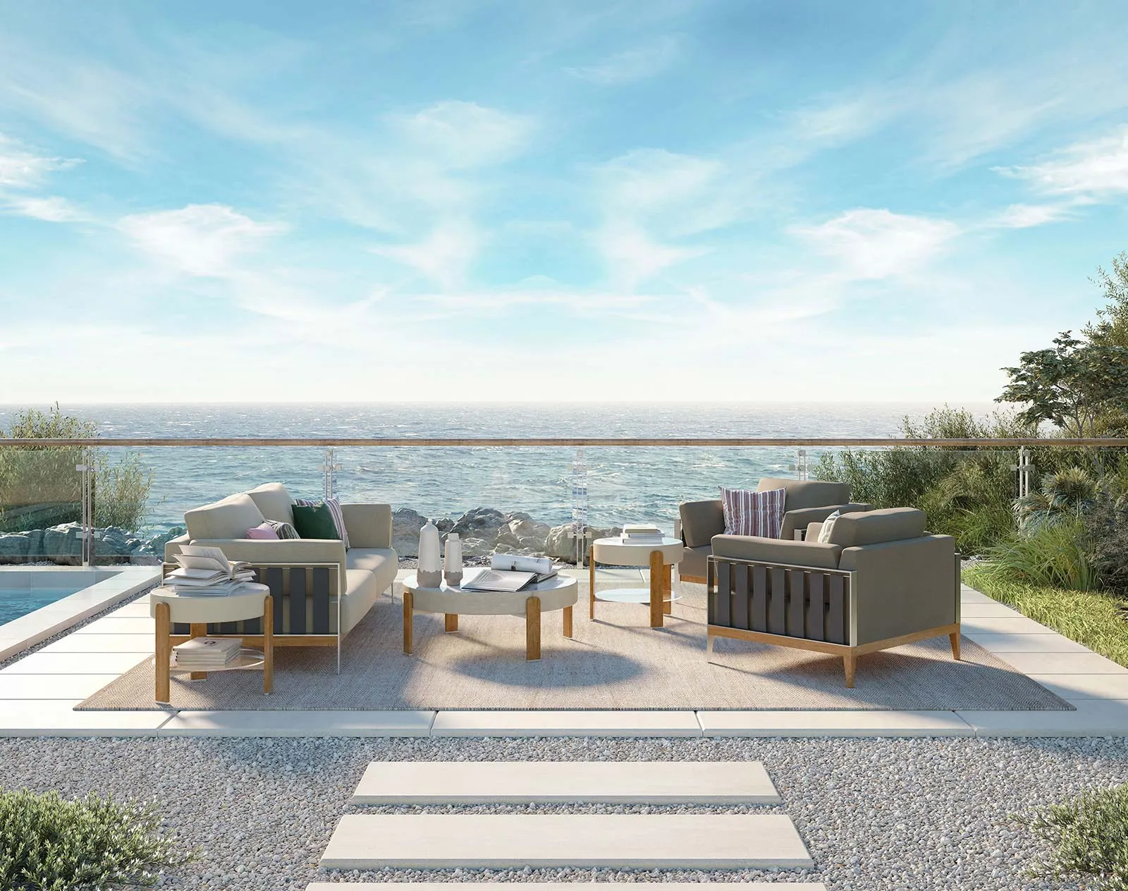Daniela collection, divano e poltrona outdoor imbottiti in tessuto by Formitalia